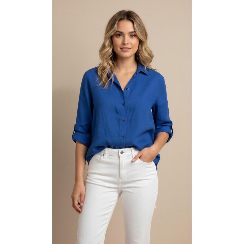 Chico's Tunic Shirt Womens Size 0/4 Blue Button-Up Collared Long Sleeve